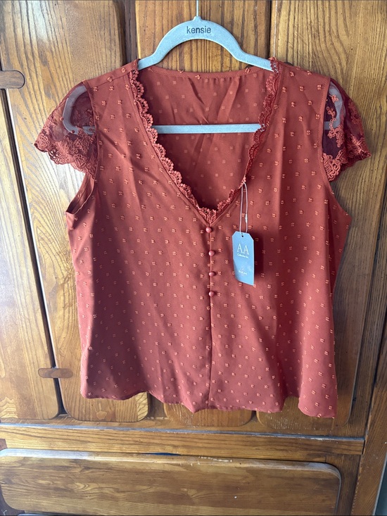 ALOHA Collection Tops - ALOHA Collection Rust Eyelet Lace-Trim V-Neck Blouse